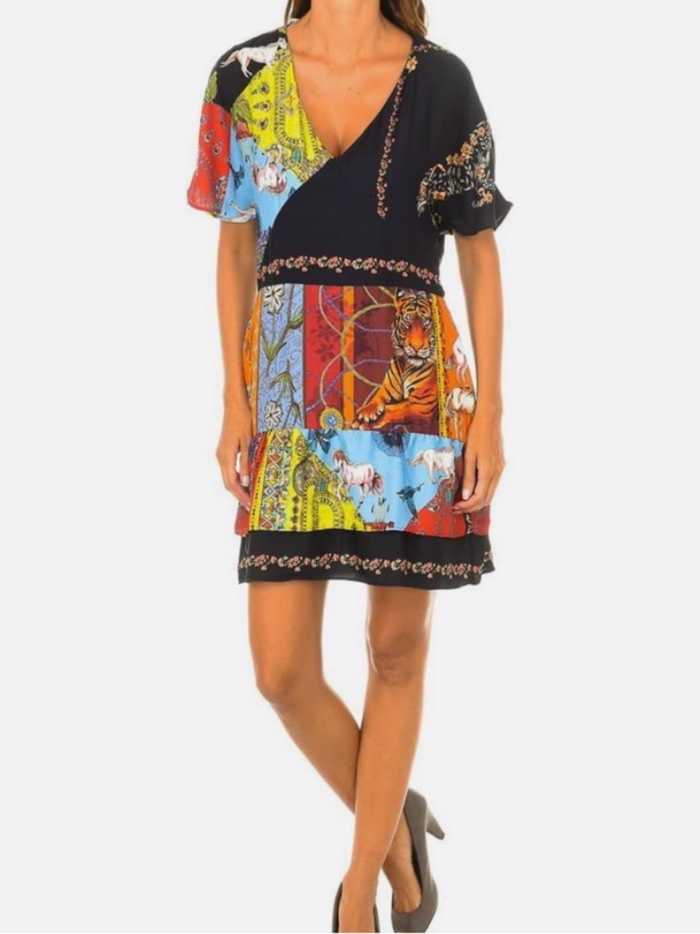 DESIGUAL Vibrant Multicolor Patchwork V-Neck Short Dress